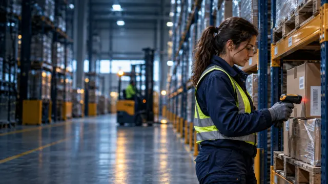 Técnica de logística con chaleco reflectante escanea el código de barras de una caja en una estantería de almacén; al fondo, una carretilla.