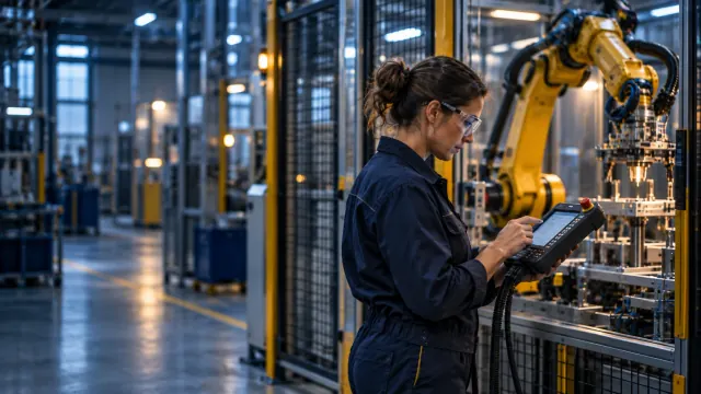 Técnica con gafas de seguridad programa un brazo robot industrial con la consola de programación, junto a una célula de seguridad.