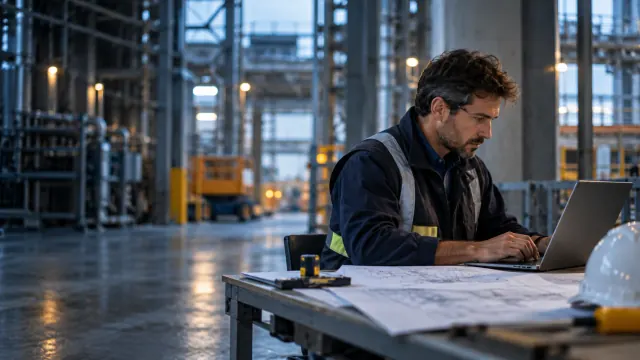 Ingeniero de proyectos trabaja con un portátil y planos en una mesa de una planta industrial, con un casco de seguridad al lado.