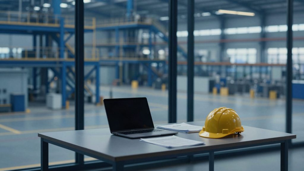 Despacho con vistas a una planta industrial, con portátil, documentos y casco sobre la mesa