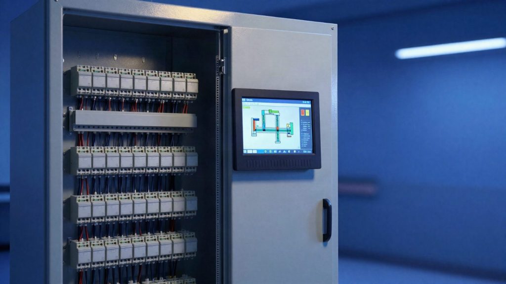Armario eléctrico con PLC y pantalla HMI de una línea automatizada