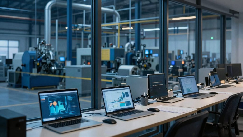 Oficina de Recursos Humanos con vistas a una planta industrial