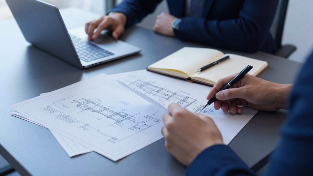 Reunión de trabajo con planos técnicos sobre la mesa