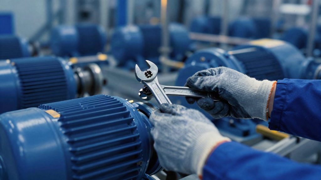 Técnico de mantenimiento industrial trabajando con una llave sobre un motor